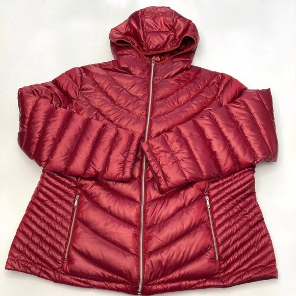 Calvin Klein Jackets & Blazers - Calvin Klein Puffer Down Jacket Hooded Red Womens 1X Plus Shiny Zip Pockets